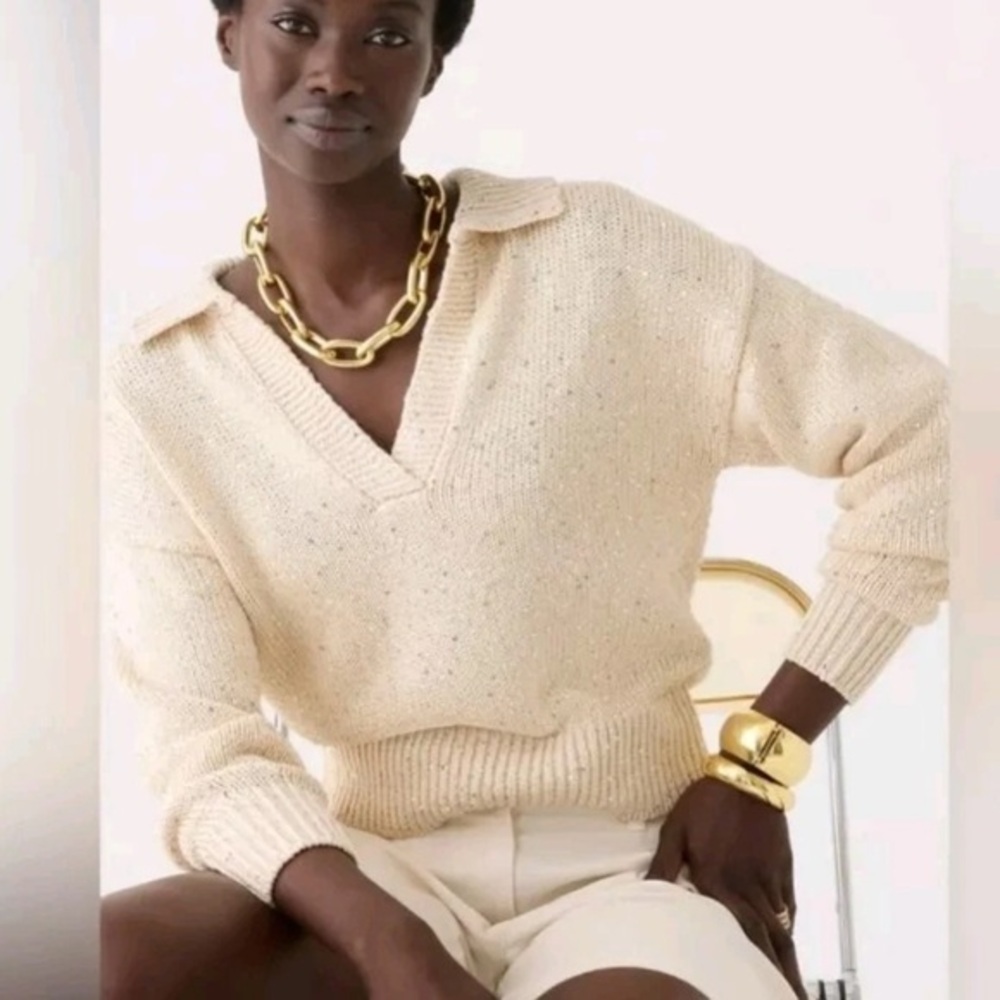 J.Crew Natural Sequin Polo Pullover Sweater XL